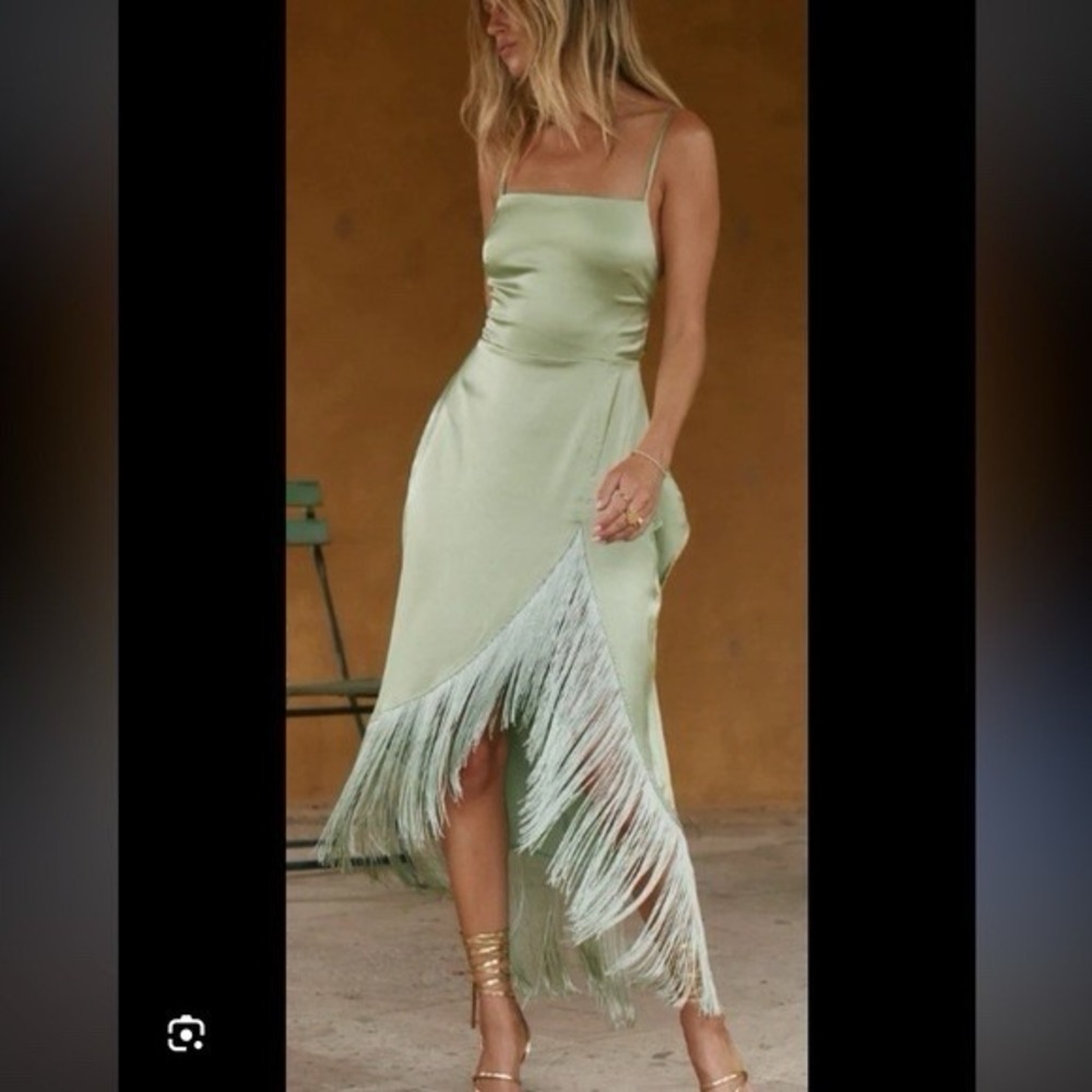 12th Tribe Tulum Green Satin Fringe Midi Dress L (M) Open Tie Back Party Boho - Picture 2 of 12